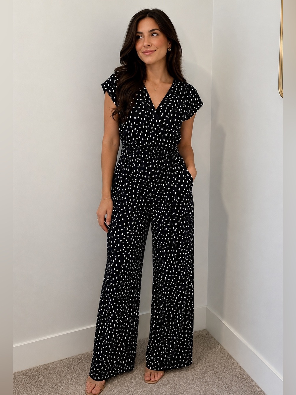 Pull&Bear Black Maxi wide leg jumpsuit with White Polka Dots